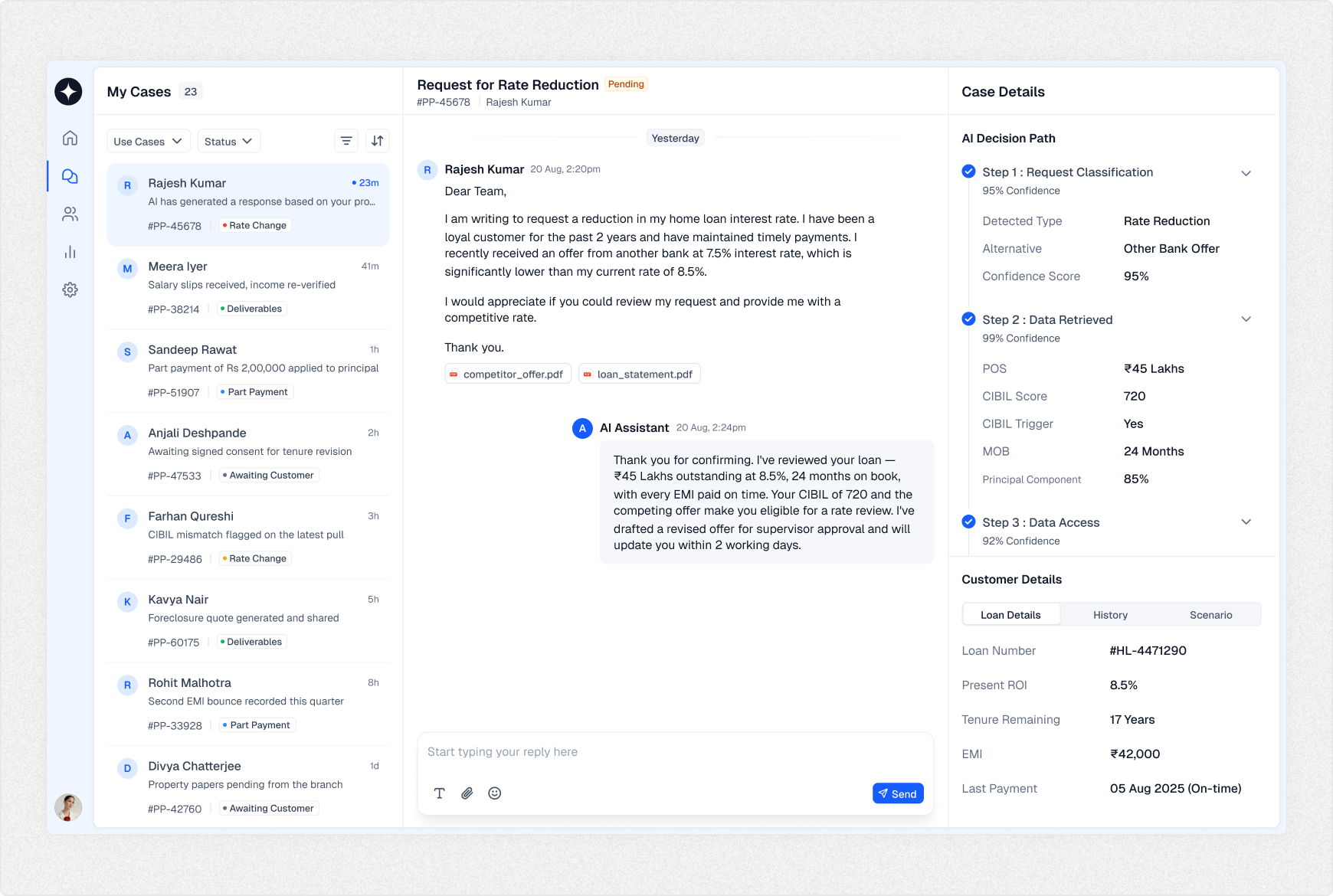 AI case management assistant showing a loan rate-reduction decision path